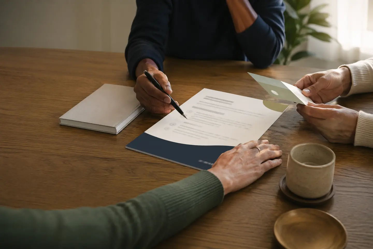 Three people reviewing an illustrative, non-identifiable conversation brief around a table